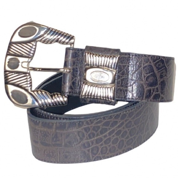 90s MZ New York Western Belt Top Grain Leather Brown lined Silver Buckle size L main image 14